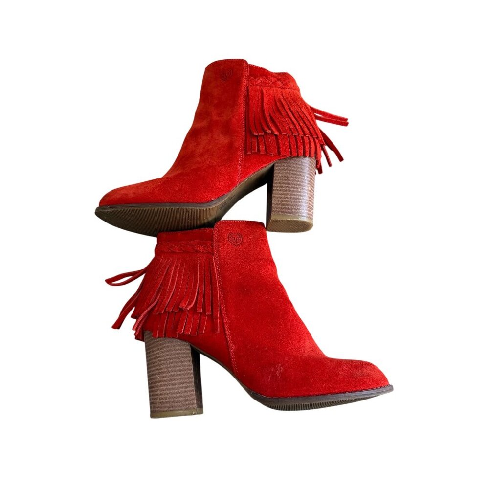 Red Suede Fringe Ankle Boots With Block Heel & Side Zipper Closure Size 7